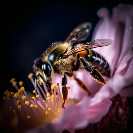 Close-up of a bee pollinating a pink flower. Macroの素材