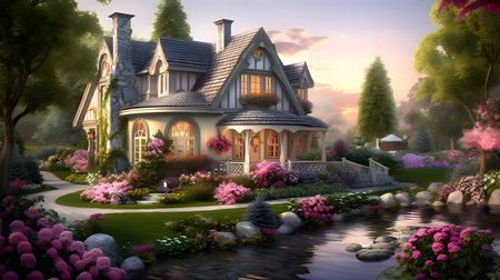 3D render of a beautiful house in the garden with flowers.の素材