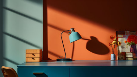 Interior of modern living room with orange walls, concrete floor, blue table and desk lamp. 3d renderingの素材