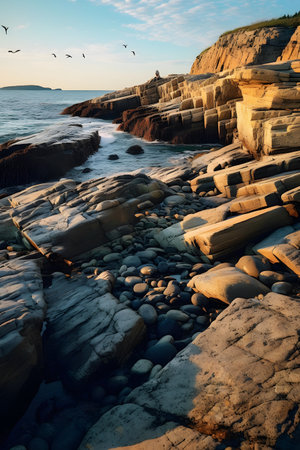 Rocky coast of the Baltic Sea at sunset. Toned.の素材