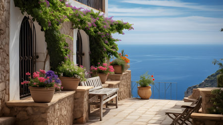 Greece, Santorini island, terrace with flowersの素材