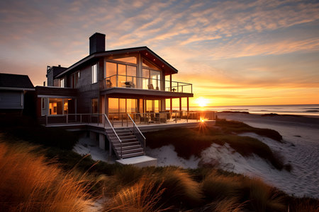 Sunset on the beach with a view of the sea and the houseの素材