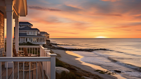 Sunset from the terrace of a house on the beach.の素材