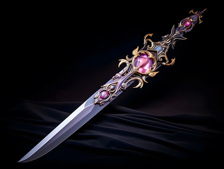 Medieval sword with precious stones on a black background. 3d renderingの素材