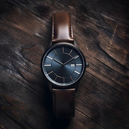Men's wrist watch on a dark wooden background. Selective focus.の素材