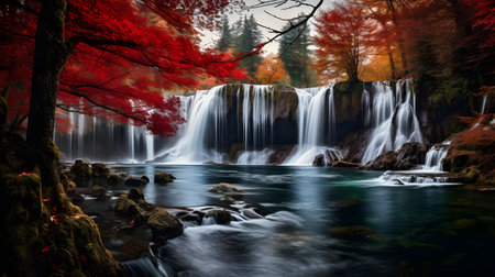 Beautiful waterfall in autumn forest with colorful leaves. Long exposure.の素材