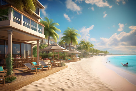 Tropical beach with deckchairs and umbrellas. 3d renderingの素材