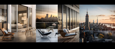 Composite image of modern living room with panoramic city viewの素材