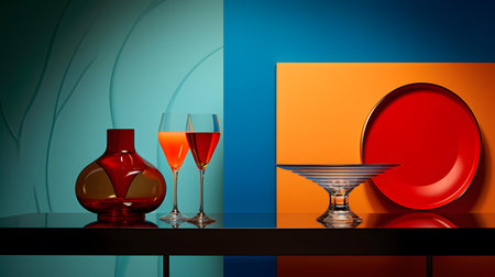 3D render of a bar counter with two wine glasses and a vaseの素材
