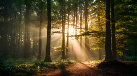Sunbeams shining through trees in a forest at sunrise in autumnの素材