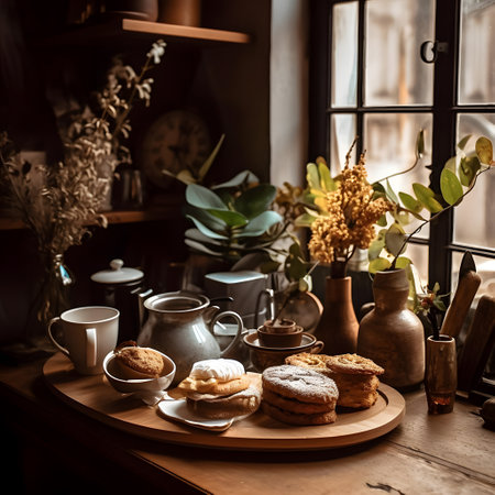 Still life with a cup of coffee and cookies on a wooden tableの素材