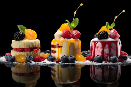 Fruit cake decorated with berries on a black background with reflection.の素材