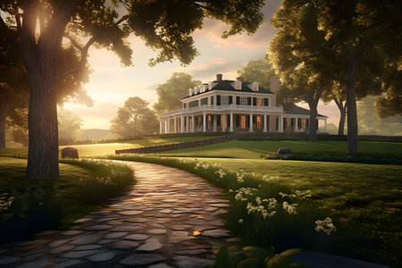 Luxury mansion in the park at sunset. 3d renderingの素材