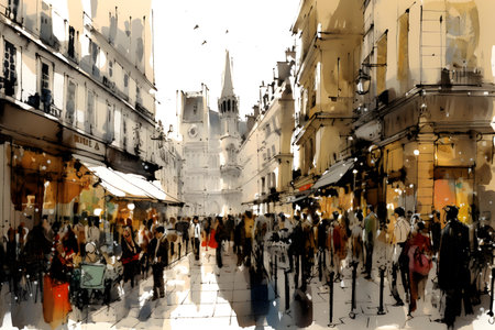 Digital painting of people walking on the street in Prague, Czech Republicの素材