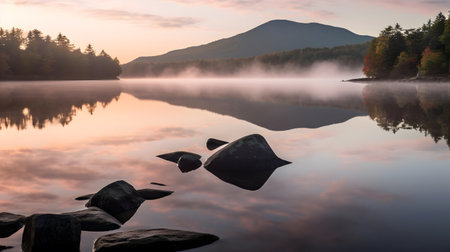 Foggy morning on the lake in the Carpathian mountainsの素材
