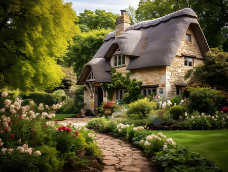 Garden with a cottage in the shape of a house and flowersの素材