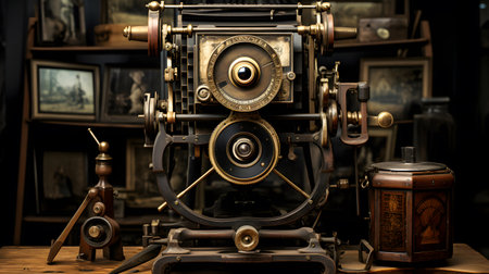 antique photo camera on the table in a dark room, retro styleの素材