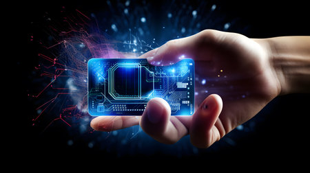 Close up of hand holding smartphone with circuit board on dark background 3D renderingの素材