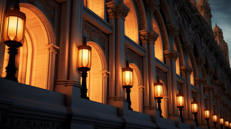 Lanterns on the facade of a building at night.の素材