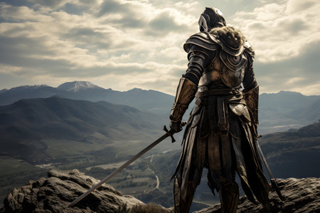 Knight on the top of the mountain in the rays of the setting sunの素材
