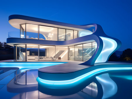 3d rendering of modern house with pool and blue lights at nightの素材