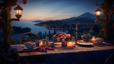 Romantic dinner with a view of Lake Como, Italy.の素材