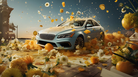 Car in the water with falling petals. 3d rendering.の素材