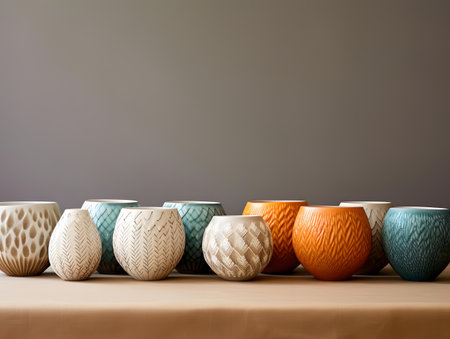Colorful ceramic vase on table with gray wall background, stock photoの素材