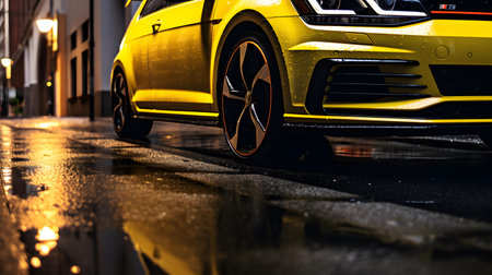 Cars parked in the city at night, wet asphalt on the roadの素材