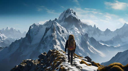 Hiker on the top of the mountain. 3D renderingの素材