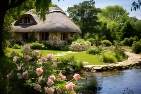 Garden with thatched cottage and pond in the park. Shallow depth of fieldの素材