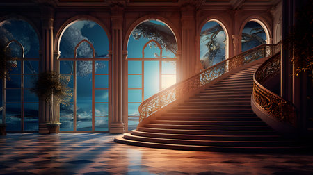Staircase leading to the window in the evening. 3D renderingの素材