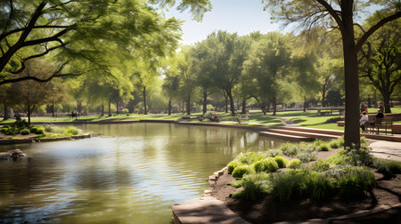 A beautiful lake in a park with green grass and trees in the backgroundの素材