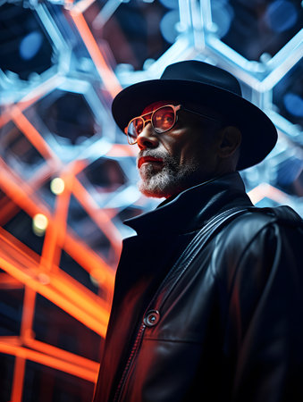 Portrait of a stylish senior man in a hat and sunglasses.の素材