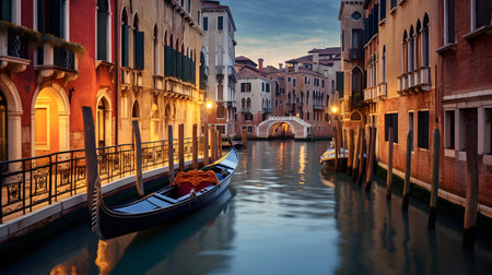 Venice canal with gondolas at dusk, Italy. Venice is one of the most popular tourist destinations in the world.の素材
