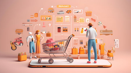 Online shopping concept. 3d illustration of a man with a shopping cart and a woman with a smartphoneの素材