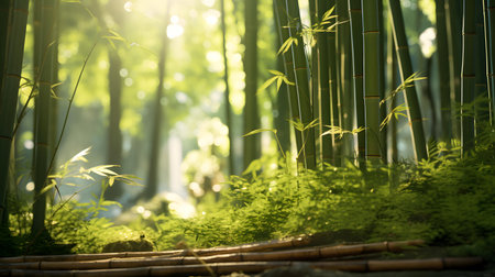 Green bamboo forest with sunlight and bokeh background, natural backgroundの素材