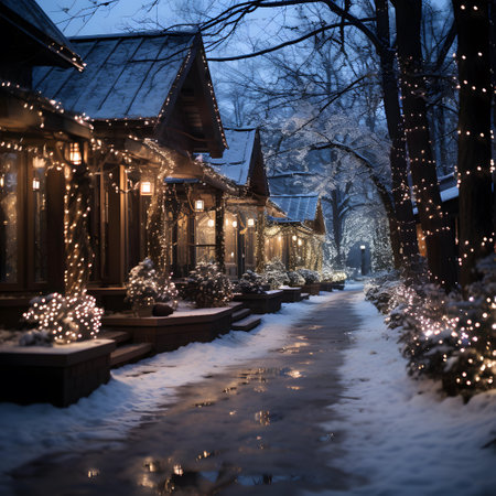 Christmas village at night with lights and decorations. Winter holidays concept.の素材