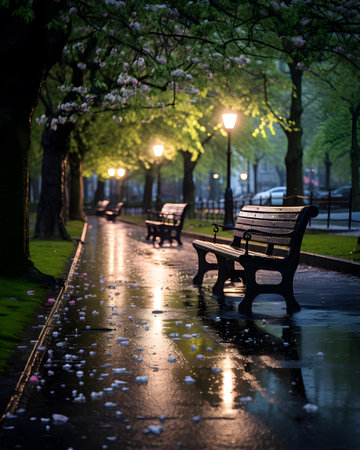 Bench in the park at night with lanterns and falling petalsの素材