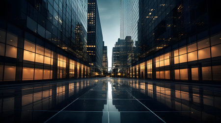Reflection of modern skyscrapers in the street at night.の素材