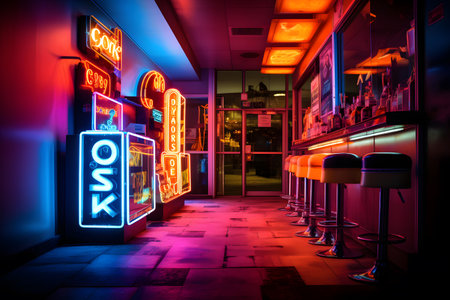Illuminated neon signs in a night club. Nightlife concept.の素材