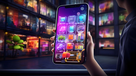 Close up of a hand holding a smartphone with apps on the screenの素材