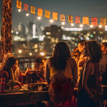 Group of young people having party at rooftop bar in night time.の素材