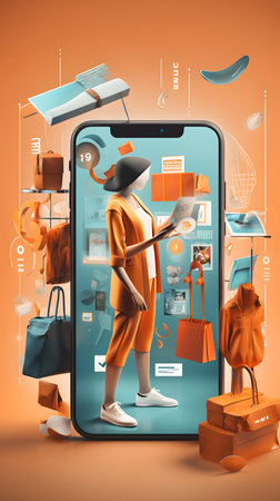 3d illustration of a mannequin in front of a smartphone with shopping bagsの素材