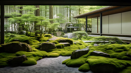 Japanese garden with green moss and stone in japanese style.の素材