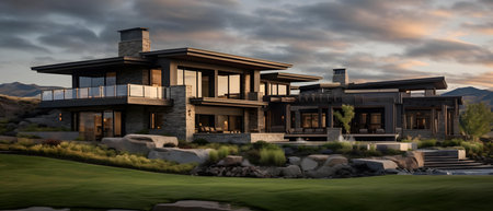 3d rendering of modern cozy clinker house on the ponds with garage and pool for sale or rent. Clear summer evening with golden sunlight. Isolated on blackの素材