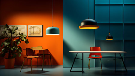 Interior of modern living room with orange and blue walls, concrete floor, round table with chairs and lamps. 3d renderingの素材
