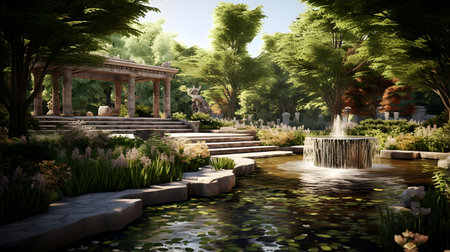garden with pond and fountain in the park. 3d renderingの素材
