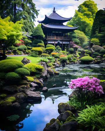 Beautiful japanese garden with pond and flowers in the gardenの素材