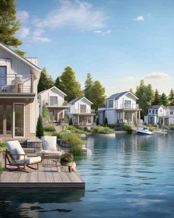 3D render of a luxury villa by the lake with wooden deckの素材